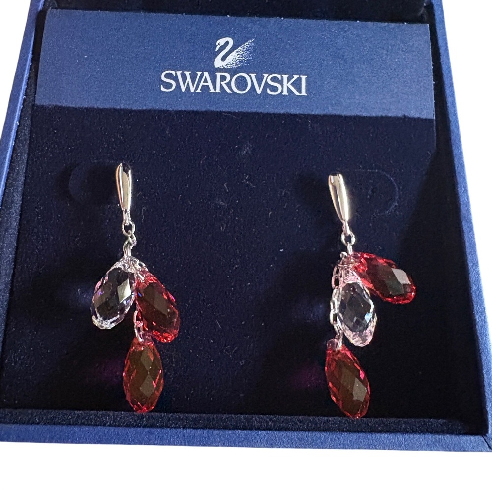 Swarovski Red Pink Clear Crystal Drop Earrings Rhodium Plated 1035271 Box NWT